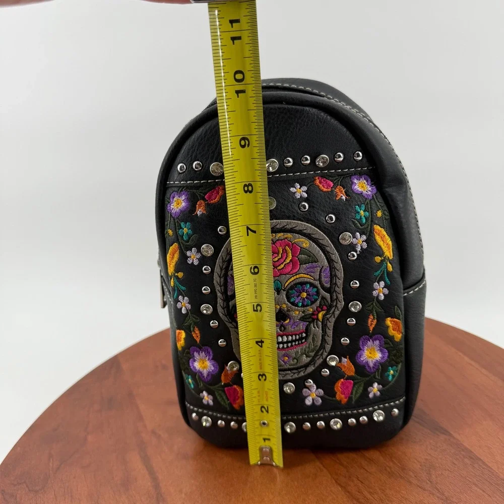 Black Faux Leather Sugar Skull Embroidered Studded Mini Backpack‎ Sling Bag NEW